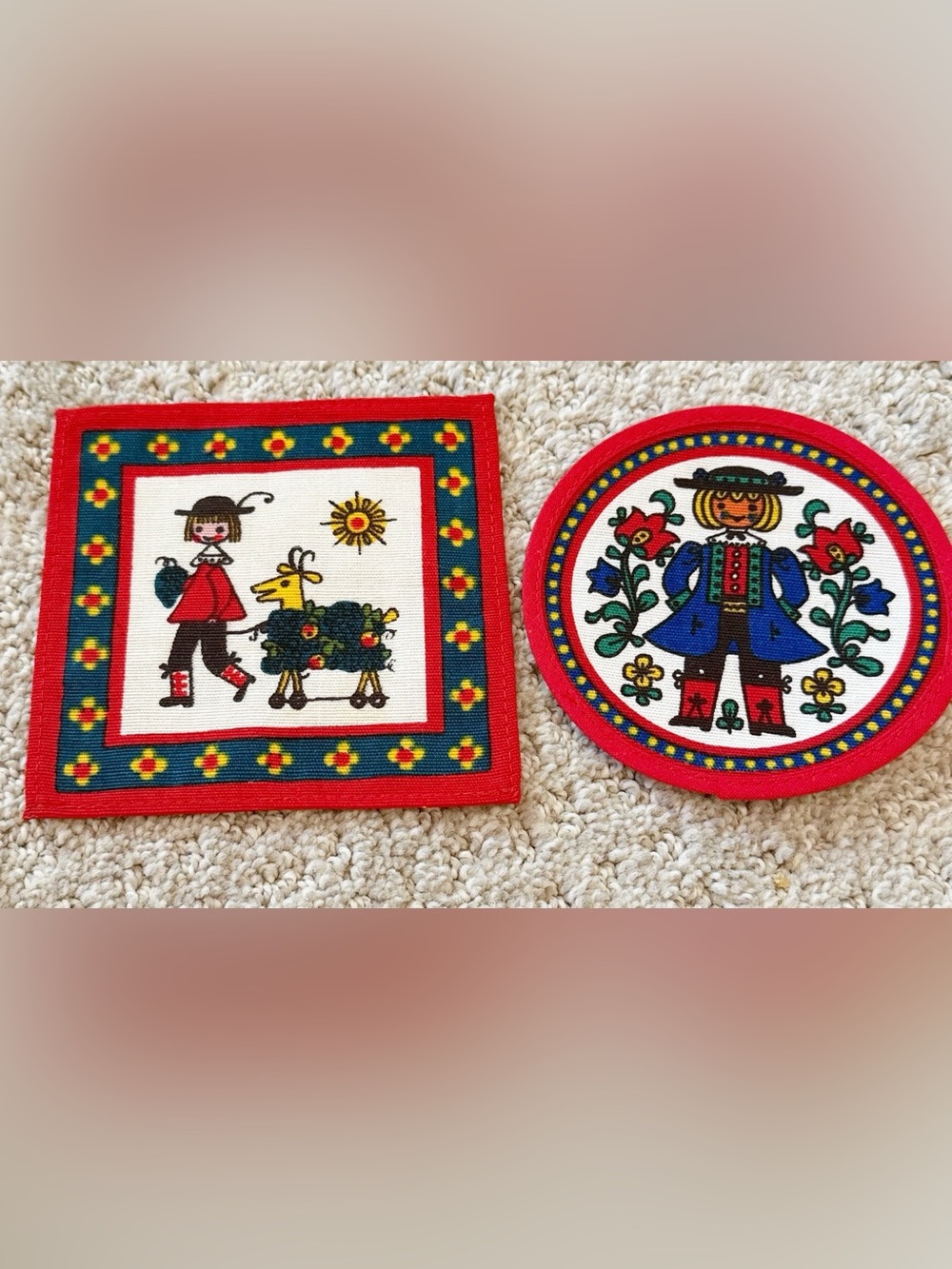Kolf Austrian Folk Art Textile Print Coasters Red Boy Girl VTG Square Round 2x